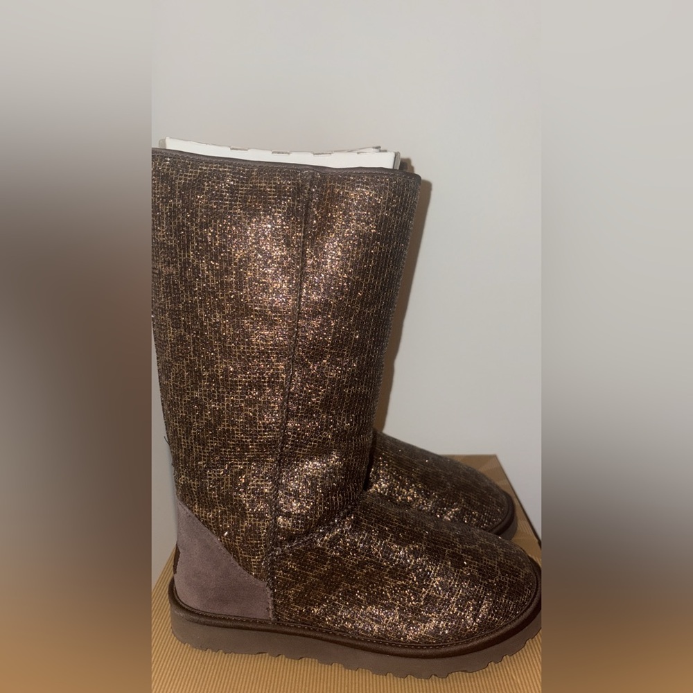 UGG Classic Tall Chocolate Cheetah Glitter Sheepskin Boots like new worn once